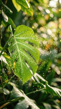 Monstera leaf, capturing golden sunlight, transforming natural energy, producing vital oxygen, supporting earth's ecosystem, green foliage, vibrant plant biology, fresh environment.
