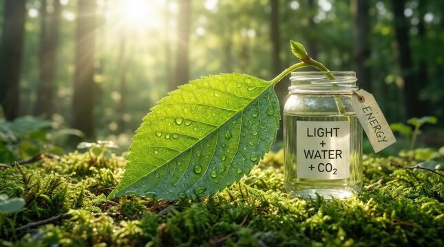 Photosynthesis process demonstrating natural energy conversion, green leaf absorbing sunlight, water, carbon dioxide, creating essential oxygen, sugar, vital life force for ecological growth.