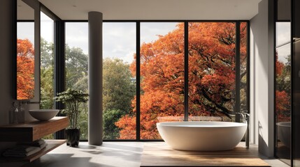 Fototapeta premium Modern bathroom with bathtub and sink overlooks autumn foliage.