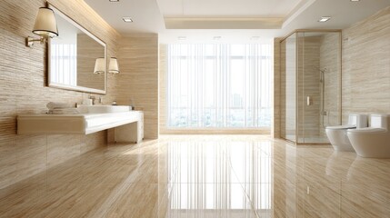 Fototapeta premium Bright, modern bathroom features marble floors and large windows.