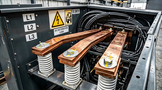 Industrial power distribution panel with 6.6kv voltage and safety warning.