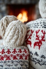 Naklejka premium Close up of two in cozy knit sweaters & hats, seated before a warm fireplace. Focus on textured clothes & soft ambient light, evoking quiet togetherness at home.