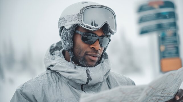 A skier reads a map on the slope in a snowstorm. A man in a white winter jacket, helmet and mask covered with frost holds an unfolded map against the background of snow-covered trees.