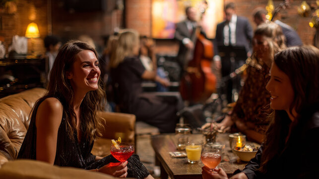 Friends enjoying cocktails while a jazz band plays in the background. 