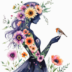 Fototapeta premium Artistic Silhouette of a Woman Adorned with Sunflowers and Purple Blooms Holding a Robin Bird