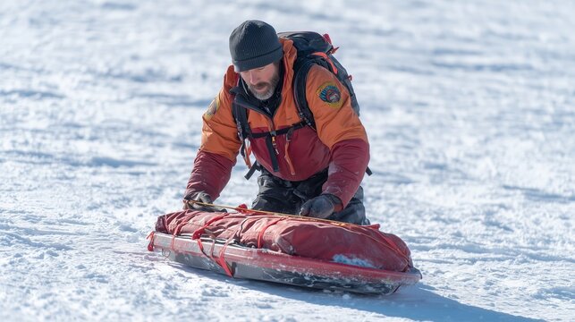 A rescuer in the snow with a sledge. A man in an orange-red winter jacket and hat pulls or pushes a red sled with cargo on a snowy slope, with a rescue service patch on his jacket, bright daylight.