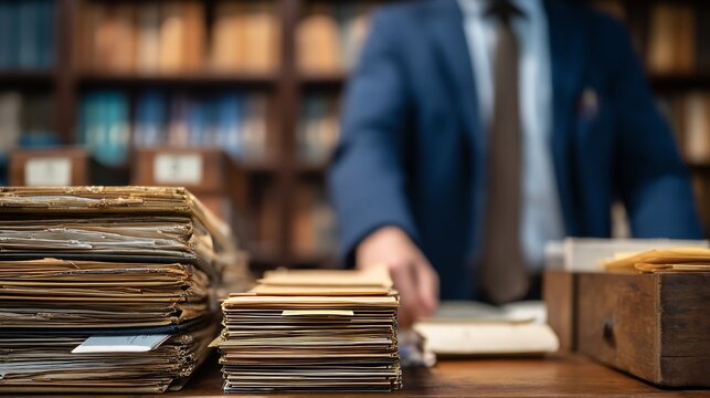 Professional Man Arranging Stacked Books and Catalog Cards in Library