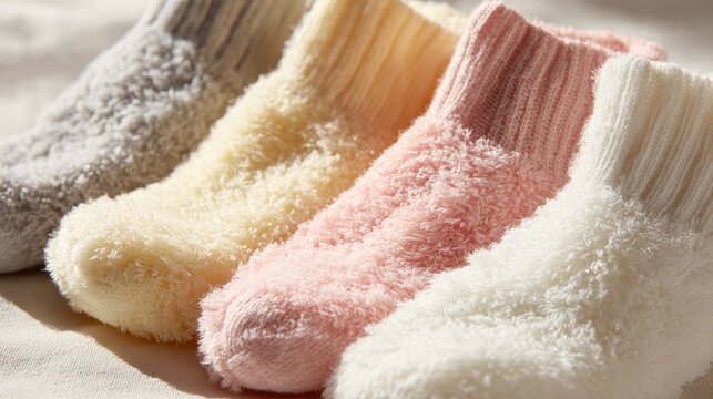 Close up of fluffy socks displaying various colors and textures