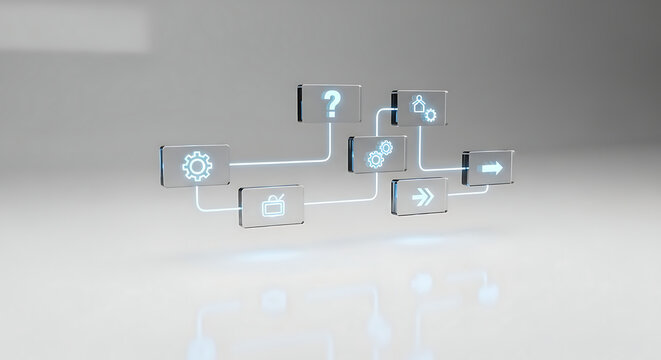 3D isometric glowing blue digital network flowchart with question mark node on gray gradient background