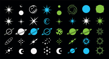 Space icons set with glowing stars colorful planets crescent moons sparkling celestial elements and galaxy symbols for astronomical design vector illustration © Kanon Islam