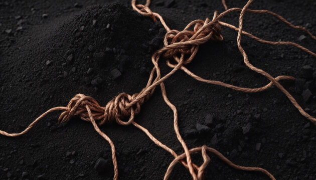 Abstract composition with copper wires on black volcanic sand