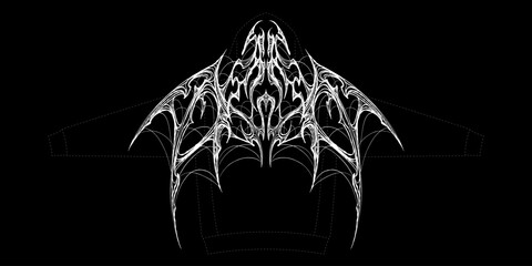 Abstract symmetric cyber-sigilism vector art. Gothic tribal ornament with sharp lines and bat wing elements. Dark aesthetic y2k tattoo design isolated on black background. © Alina