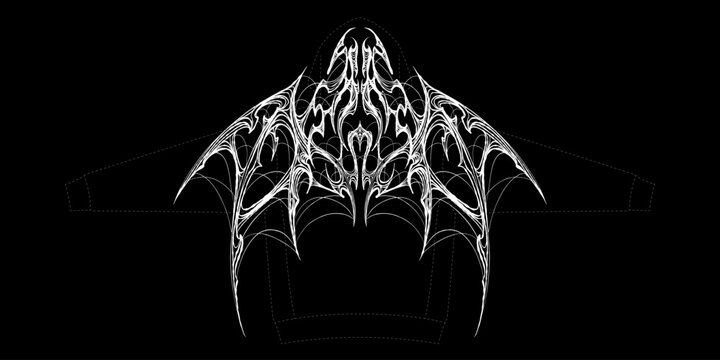 Abstract symmetric cyber-sigilism vector art. Gothic tribal ornament with sharp lines and bat wing elements. Dark aesthetic y2k tattoo design isolated on black background.