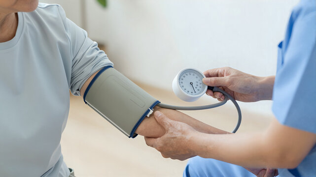 Close-Up of Manual Blood Pressure Measurement with Aneroid Sphygmomanometer, Caregiver and Elderly Patient, No Face