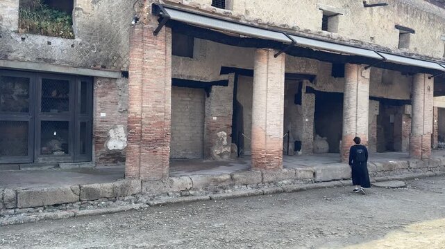 Exterior Facade of an Ancient Roman Villa in Herculaneum and Ancient Road