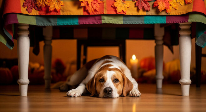 Beagle dog lying under colorful table during autumn evening  