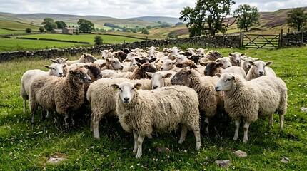 Fototapeta premium Large flock of sheep grazing in lush green pasture with stone wall and rolling hills landscape