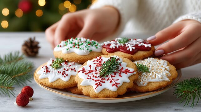 Hands with light pink nails arrange festive gingerbread cookies white icing, red sprinkles, pine sprigs on a white plate. Blurred background Christmas tree lights, pinecone, red ornaments on light wo