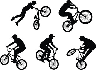 Naklejka premium Extreme cycling silhouettes showcasing BMX tricks wheelies jumps and urban sport performance