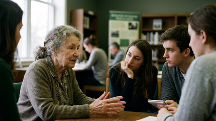 Fototapeta premium Elderly woman sharing stories with young adults in library setting 