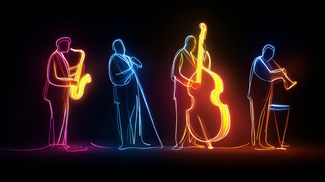 Glowing neon lines forming the shape of a jazz quartet. 