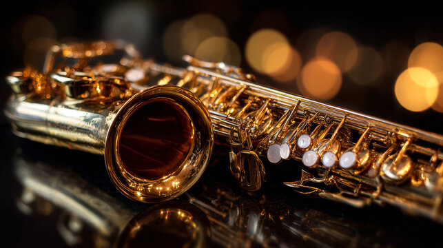 Golden reflections on polished saxophone under amber lights. 