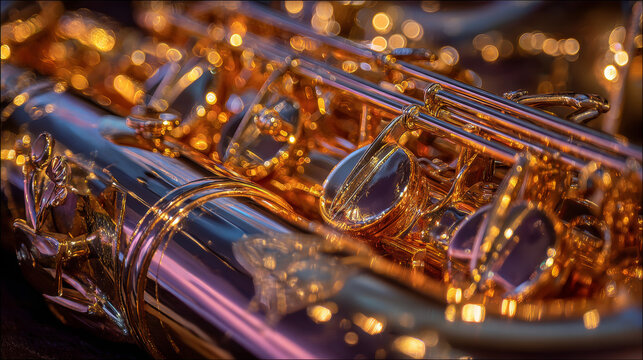Golden reflections on polished saxophone under amber lights. 