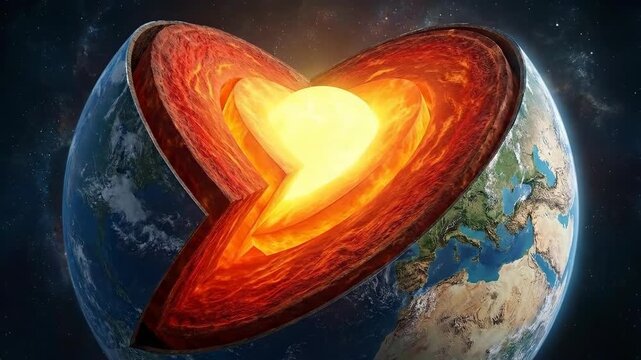 Earth, internal structure, revealing molten core, mantle layer, solid crust, detailed geological composition, global planet science concept, deep planetary interior, evolution model.