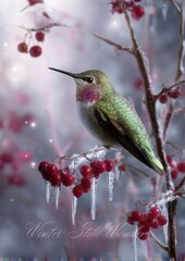 Fototapeta premium Vibrant green hummingbird, pink throat, perched on frosty branch amid icicles & red berries, snowy backdrop with sparkles. Design.