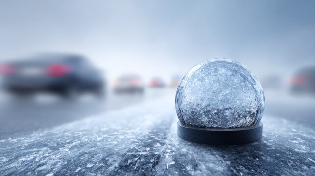 Reflective Ice Road Stud Partially Covered by Ice on Hazardous Pathway