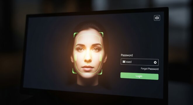 Woman undergoing facial recognition scan for system login