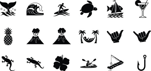 Obraz premium Collection of iconic Hawaiian vacation and beach summer holiday symbols