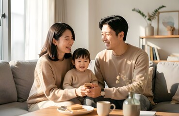 Fototapeta premium Authentic candid moment lifestyle of a young asian family at home, warm natural lighting in a modern minimalist house