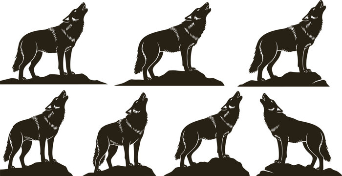 Eight stylized black silhouettes of howling wolves standing on rocky ground vector artwork.
