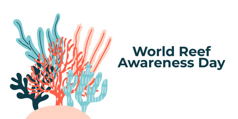 Colorful coral reef banner for World Reef Awareness Day, flat marine illustration with diverse shapes, World Reef Awareness Day concept for ocean protection and ecology © evgenia_lo