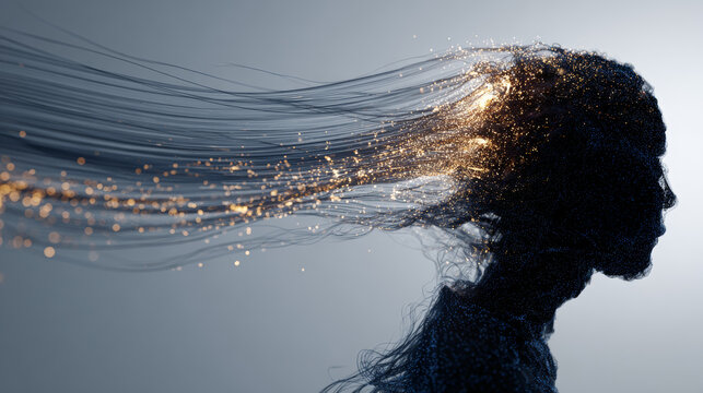 Human silhouette dissolving into data streams.