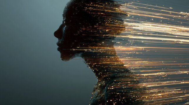 Human silhouette dissolving into data streams.