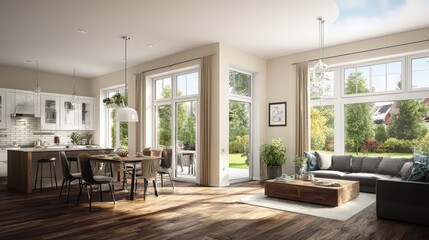 Fototapeta premium Modern living room and dining area with large windows and garden view