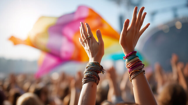 Faceless view of bare hands waving a colorful festival flag or scarf in a large, diverse crowd during a summer daytime music festival, bright sun, dynamic movement, energy, communi
