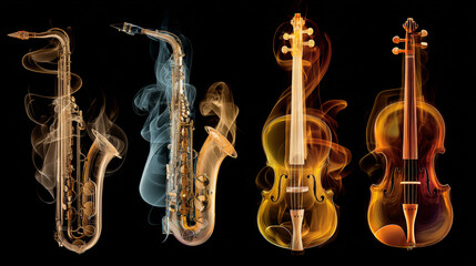 Naklejka premium Jazz instruments made of liquid light merging into each other. -