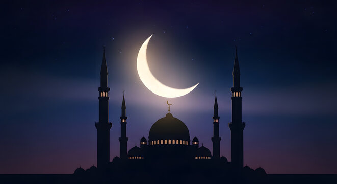 Ramadan crescent moon over a mosque a spiritual night scene