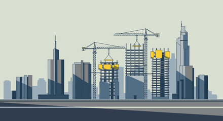 Obraz premium City skyline with skyscrapers and cranes.