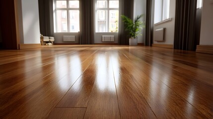 Fototapeta premium A bright glossy hardwood floor illuminated by natural sunlight within a spacious modern interior room