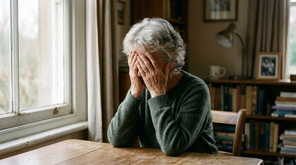 Fototapeta premium Elderly woman covering her face with hands and sitting at a table 