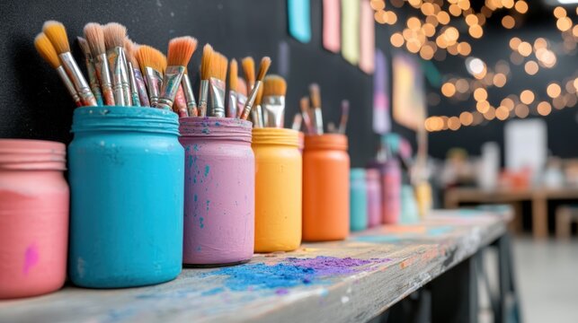 Art supplies in colorful jars on wooden table with bokeh lights