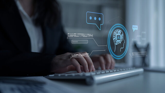 AI neural head with data connections and speech bubbles symbolizing smart data generation, learning, and analysis Parse
