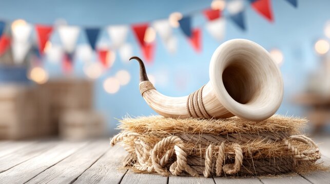 Traditional Alpine Horn on Stacked Hay Bales in Festive Setting