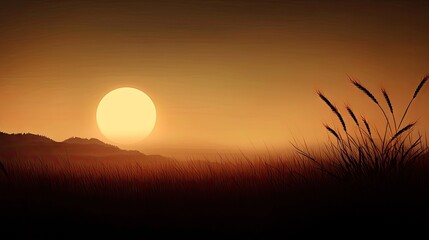 Fototapeta premium Large golden sun descends behind layered hills over a dark grassy foreground
