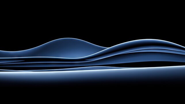 Smooth blue translucent layers undulate against a deep black background creating an abstract horizon effect