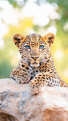 Fototapeta premium Portrait of a leopard cub with blue eyes resting on a rock against a blurred natural background, concept of wildlife conservation and untamed wilderness
